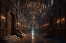 Gothic Medieval Mansion Hallway With Chandelier And Staircase