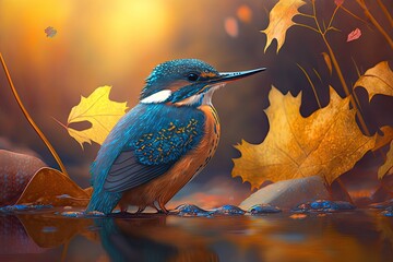 Poster - Alcedo atthis, a small, colorful bird that is a common kingfisher. In the background, there is beautiful fall light. Blue on the back, and orange in the middle. Scene from the wild. Slovakia Europe