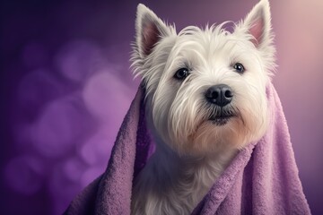 Poster - After getting a bath, a cute West Highland White Terrier dog on a purple background. Dog in a towel with soap bubbles around it. The idea of grooming a pet. Write Space. Where to put text. Generative