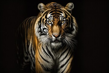 Poster - A picture of a lovely tiger. Big cat close up. A picture of a tiger looking at you from the dark. On a black background, there is a picture of a big cat. Generative AI