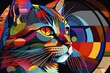 A portrait of a cat in the style of Kandinsky and the Bauhaus art movement. It is bright and full of color. Generative AI