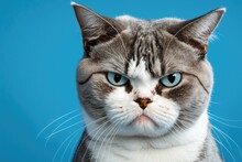 A Picture Of A Gray And White Cat Looking Mad Or Upset At The Camera On A Blue Background. Generative AI