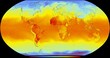 El mapa global representa la temperatura de la superficie de la Tierra en diferentes regiones. La escala de temperatura va desde azules fríos, hasta naranjas y rojos cálidos