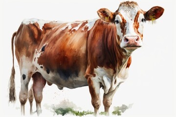 Wall Mural - Cow watercolor drawing on white background. Generative AI