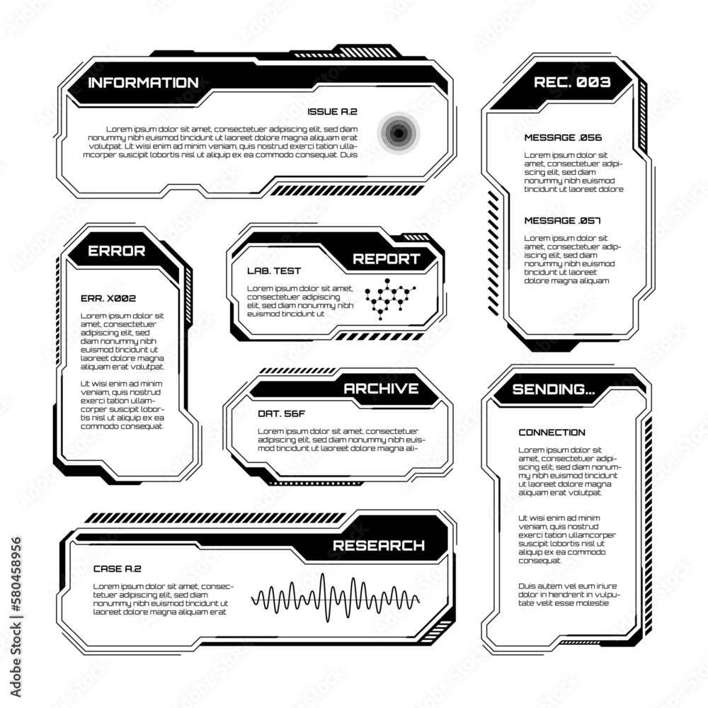 Black futuristic HUD, UI elements. Sci-fi user interface text boxes ...