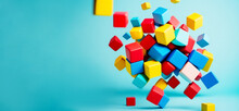 Cubes Red Blue And Yellow, Fly In The Air, Blue Background. Child Health, Prevention, Autism. Illustration, Generative AI