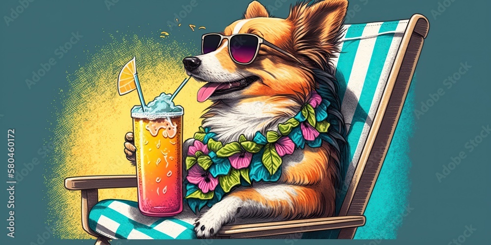 Dog wearing pair of sunglasses and hawaiian shirt lounging in beach ...