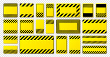 Various Blank Yellow Warning Signs With Diagonal Lines. Attention, Danger Or Caution Sign, Construction Site Signage. Realistic Notice Signboard, Warning Banner, Road Shield. Vector Illustration