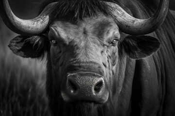 Sticker - Close up black and white picture of the head and horn of a cape buffalo. Generative AI