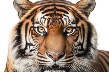 Sticker - Close up of a male tiger facing the camera, big cat, on a white background. Generative AI