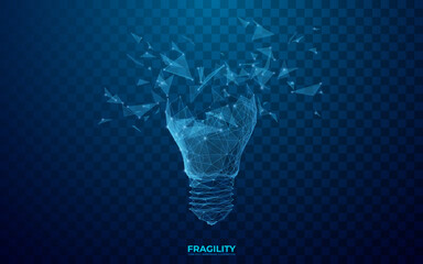 Leinwandbilder - Broken light bulb. Digital lightbulb at the moment of destruction. Abstract fragility concept. Technology burst bulb in polygons, lines, and transparent shapes. 3D wireframe vector illustration