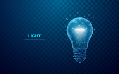 Leinwandbilder - Abstract light bulb consisting of polygons, points, lines, and shapes. Digital Idea concept. Technology 3D vector illustration. Isolated Low poly wireframe blue image on transparent background. 