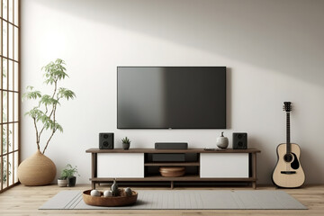 Wall Mural - Mockup of a smart TV in a minimalist, zen inspired living space. Generative AI