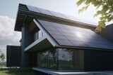 Fototapeta Londyn - Energy Efficient House With Solar Panels And Wall Battery For Energy Storage Generative AI

