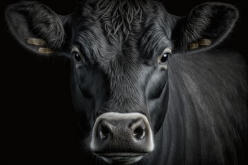 Sticker - Close up of a black cow's face against a black background. Generative AI