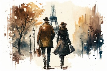  Man and Woman Walking Near the Eiffel Tower in Paris France, Watercolor Style Generative AI