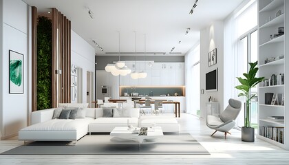 Wall Mural - Elegant modern interior condominium with, contemporary Miami style architecture, white finish with wooden details, octane render, 3d, hyper realistic, hyper detail, high quality, detail. Generative AI