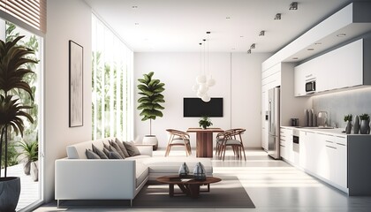 Elegant modern interior condominium with, contemporary Miami style architecture, white finish with wooden details, octane render, 3d, hyper realistic, hyper detail, high quality, detail. Generative AI