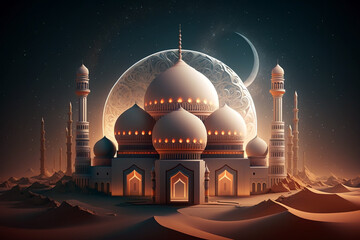 Wall Mural - Beautiful illustration of a mosque architecture with beautiful architecture and moon on the background. Generative AI illustration