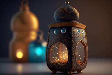 Wall Mural - Arabic luxury lantern on the floor with bokeh background. Generative AI illustration