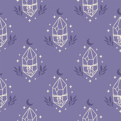Wall Mural - Mystical vector seamless pattern with celestial crystal, moon. Boho spiritual digital paper. Hand drawn magical illustration. Esoteric print for fabric, digital paper, wrapping.