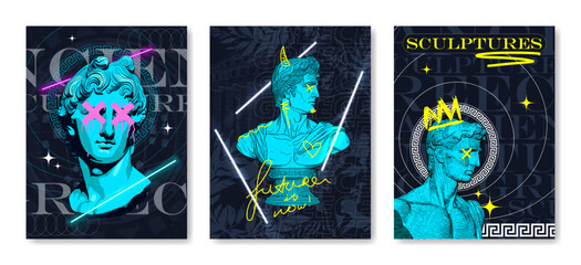 poster mockup with 3d bust and neon lamps. statues of ancient antiquity in a modern style, 3d poster