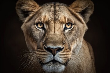 Wall Mural - A headshot of a lioness looking straight at the camera. Generative AI