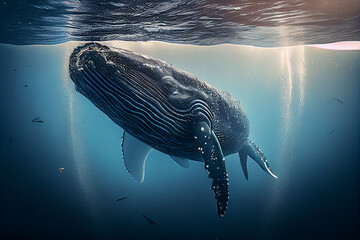 Canvas Print - Humpback whale swimming in deep blue ocean. generative ai