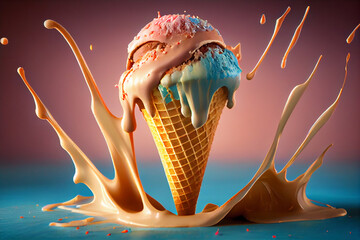 Canvas Print - ice cream in a waffle cone with splashes and drops on a blue background.generative ai