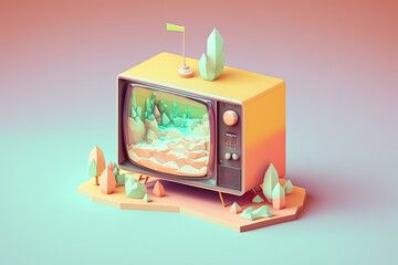 Wall Mural - retro tv set in low poly created with Generative AI technology