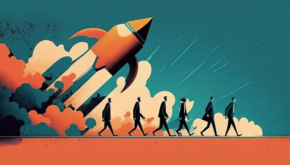 business concept illustration of group of businessman walking towards a rocket, start up business co