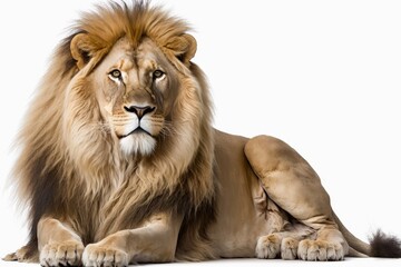 Wall Mural - 8 year old lion (Panthera leo), sitting in front of a white background. Generative AI