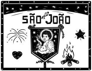 Wall Mural - Standard of Saint John. Separated vectors of traditional June festivities from Brazil. Woodcut style and cordel literature