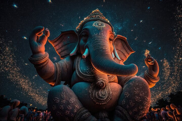 Wall Mural - There are many galactic stars in the night sky of a huge massive GANESHA statue, with red lanterns rising in the sky, crowds watching the lantern festival, generative AI