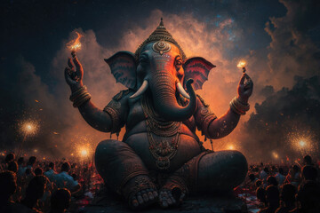 Wall Mural - There are many galactic stars in the night sky of a huge massive GANESHA statue, with red lanterns rising in the sky, crowds watching the lantern festival, generative AI