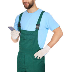 Canvas Print - Professional repairman in uniform with smartphone on white background, closeup