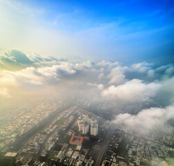 Wall Mural - the background of the morning sunrise from the air with the clouds and the rising sun is very impres