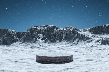 Wall Mural - 3d render winter platform and natural podium background, Stone podium on the ice snow mountain backdrop star and night sky for product display, advertising, cosmetic skincare with empty round stage