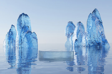 Wall Mural - 3d render winter platform and natural podium background, ice podium on the lake backdrop ice crystal