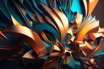 Wall Mural - Shimmering metallic abstract shapes in a 3D-rendered design with vibrant hues and intricate details, generative ai