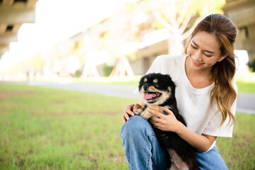 Happy young asian woman playing and sitting on grass in the park with her dog. Pet lover concept