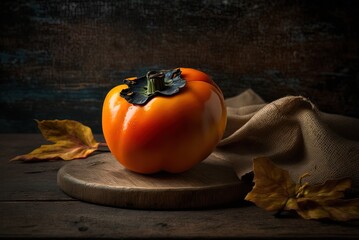 Wall Mural - Black and white photograph of persimmon on a wooden board with an orange napkin Generative AI