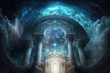 the celestial realm. a realm of gods and goddesses filled with heavenly palaces and sparkling stars.