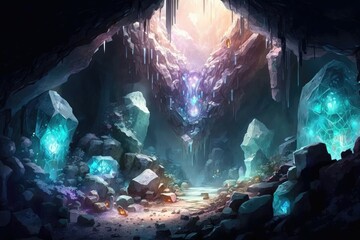 Sticker - The crystal caverns. A massive underground cavern system filled with glittering crystals and gemstones. Generative AI