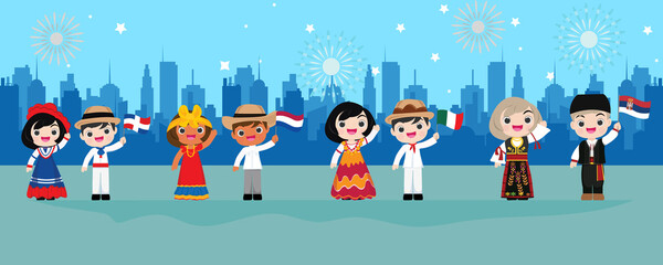 Wall Mural - Kids in traditional costume. Happy new year country national,vector illustrational.