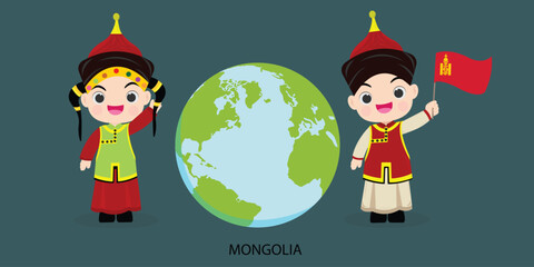 Wall Mural - ntional children Mongolia of different races and colors holding hands and standing on the globe, the planet. vector illustration