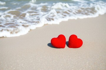 Two red hearts on the summer beach, Valentine's Day