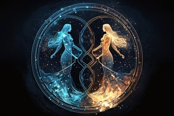 zodiac sign gemini twins, magic circle galaxy universe stars astronomy astrology, fantasy dream elements, generative ai