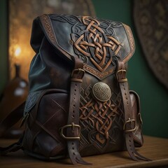 Wall Mural - Brown Knotwork Design Leather Rucksack Backpack for Medieval Fantasy RPG Adventurer's Inventory [Generative AI]