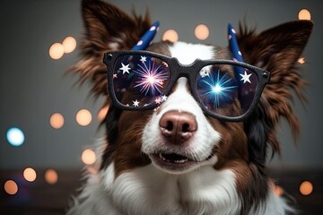 Wall Mural - At a birthday party, a cute dog is wearing a party hat and star glasses. Generative AI